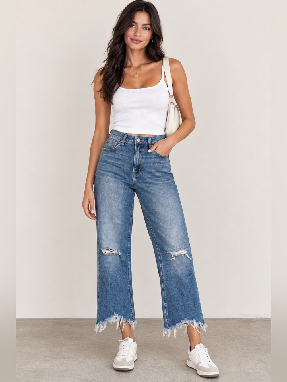 Nature Denim Distressed Wide Leg Jeans Size 26 Blue Frayed Hem Cropped